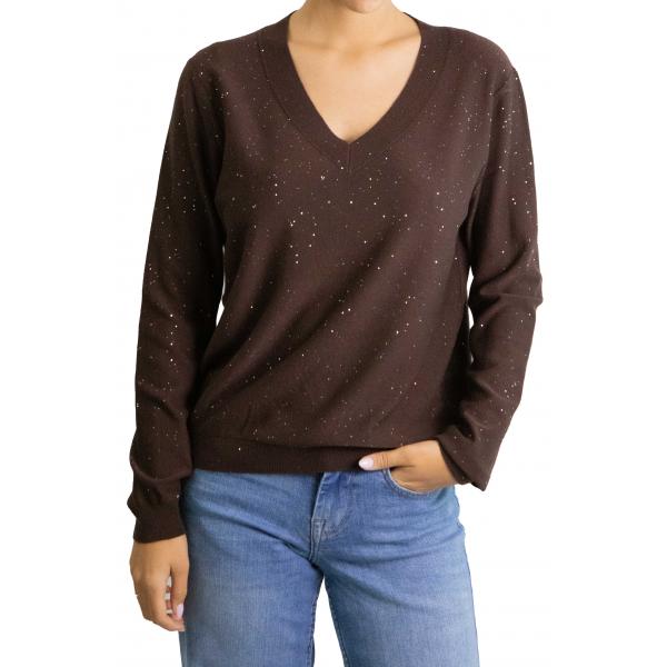 Maglioncino tinta unita con brillantini con scollo a V